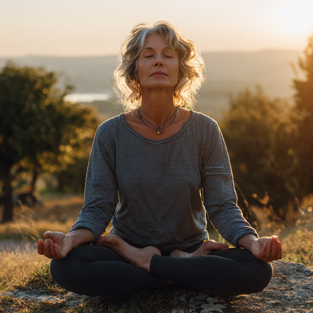 Peaceful middle-aged Ukrainian woman in yoga pose outdoors with golden sunlight, expressing serenity and inner glow through gentle meditation