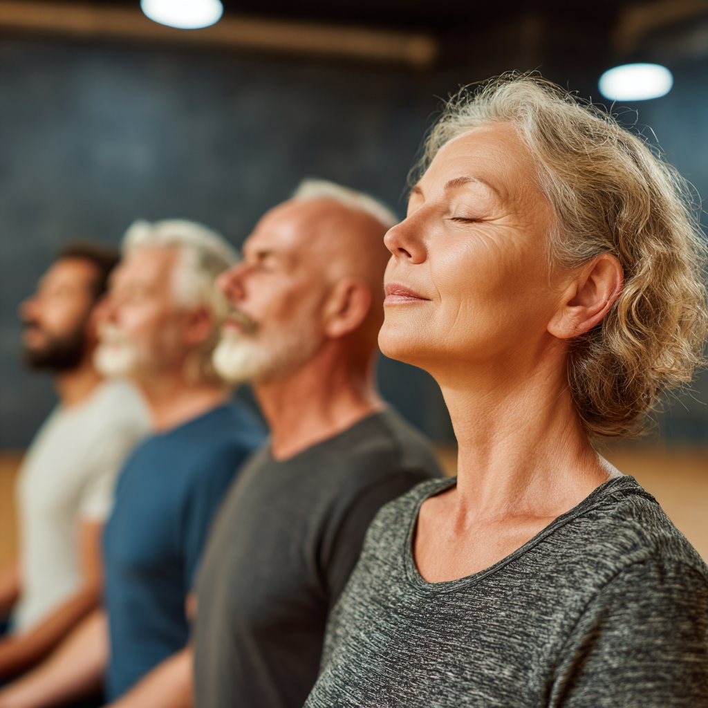 Diverse group of smiling Ukrainian adults of different ages practicing gentle yoga movements in a peaceful outdoor setting